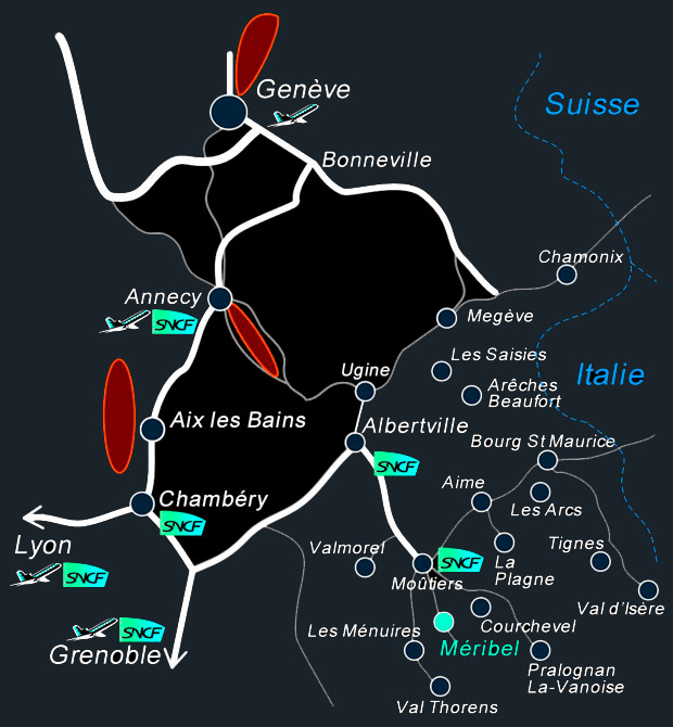 Gares et aéroprts de Savoie, Rhone, suisse vers les stations de sport d'hiver de Savoie et Tarentaise